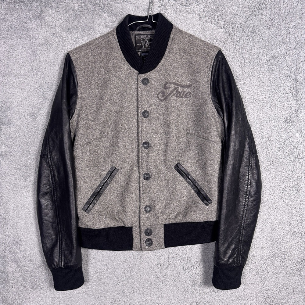 True Religion Jacket Womens S Varsity Bomber Sheep Lamb Soft Leather Wool Snap